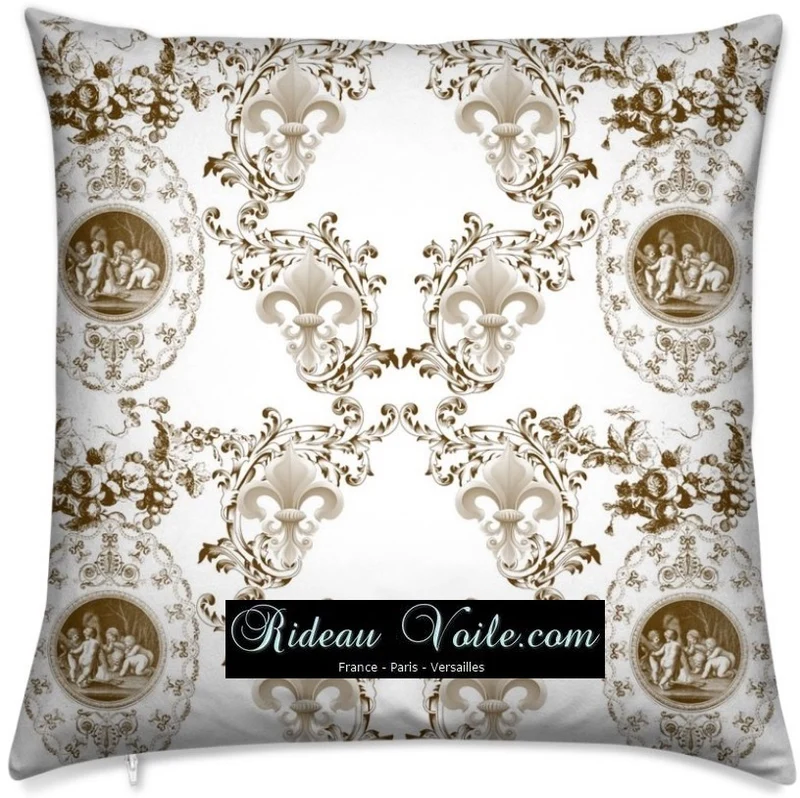 Toile de Jouy Angelot tissu ameublement style Empire Anges Fleur de Lys marron