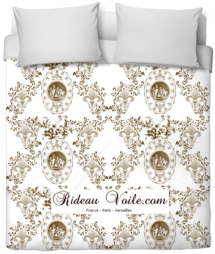 Toile de Jouy Angelot tissu ameublement style Empire Anges Fleur de Lys marron