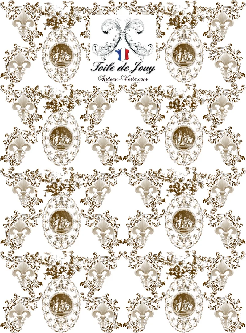 Toile de Jouy Angelot tissu ameublement style Empire Anges Fleur de Lys marron