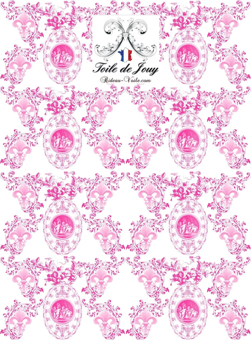 Toile de Jouy tissu ameublement Empire Fleur de Lys fushia Country french fabric