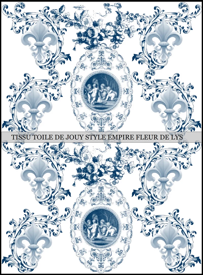 Toile de Jouy tissu bleu ameublement style Empire Anges Fleur de Lys marine