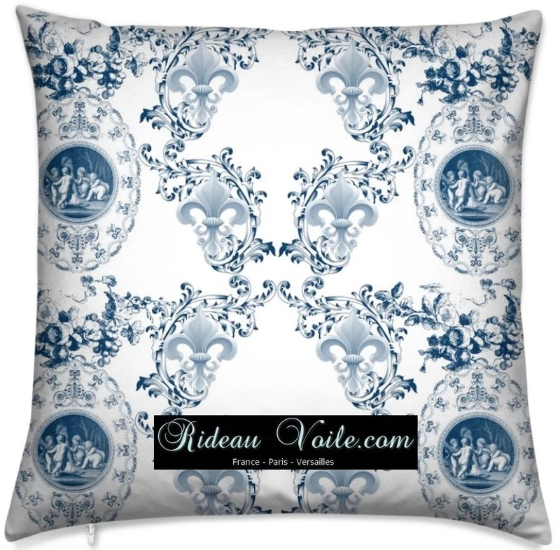 Toile de Jouy tissu bleu ameublement style Empire Anges Fleur de Lys marine