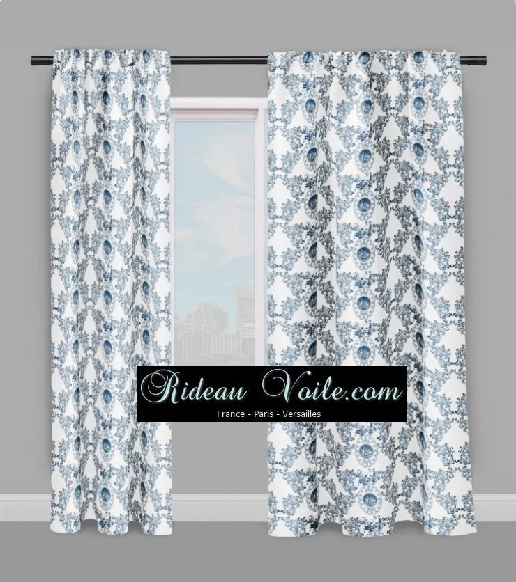 Toile de Jouy tissu bleu ameublement style Empire Anges Fleur de Lys marine