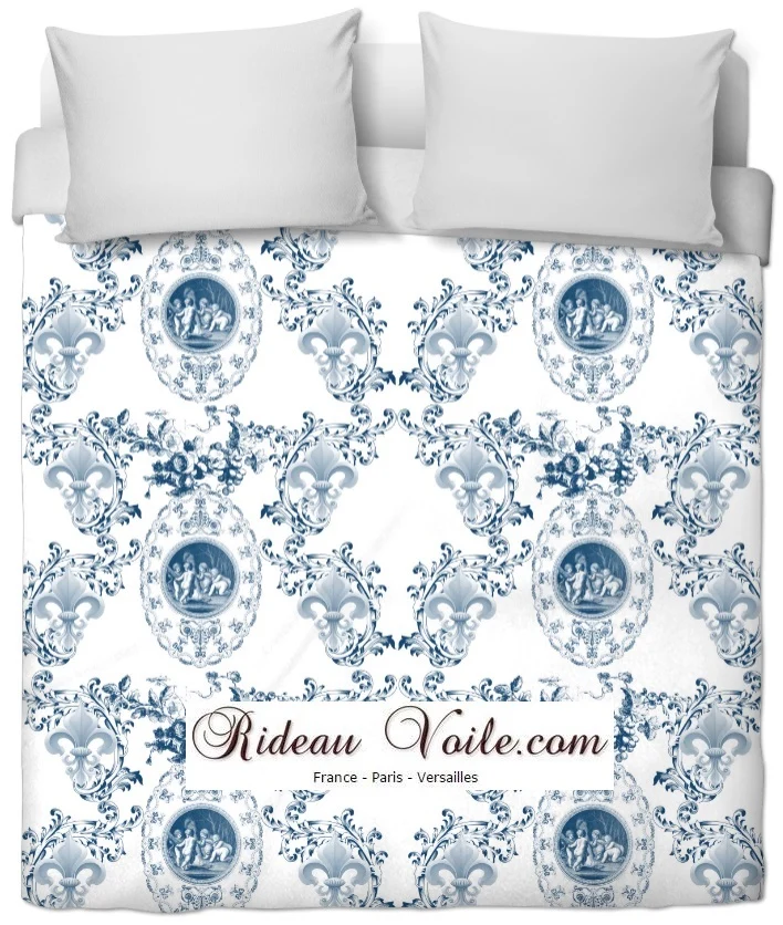Toile de Jouy tissu bleu ameublement style Empire Anges Fleur de Lys marine