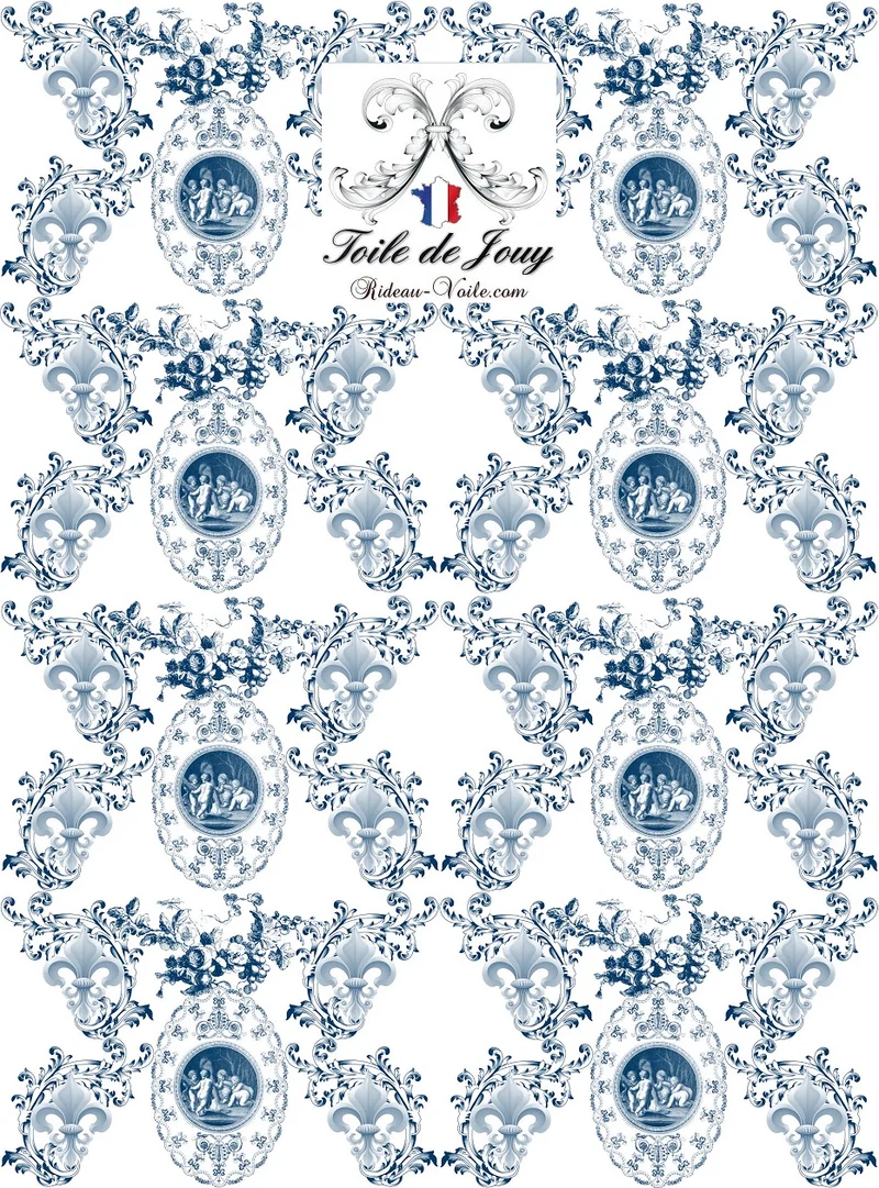 Toile de Jouy tissu bleu ameublement style Empire Anges Fleur de Lys marine