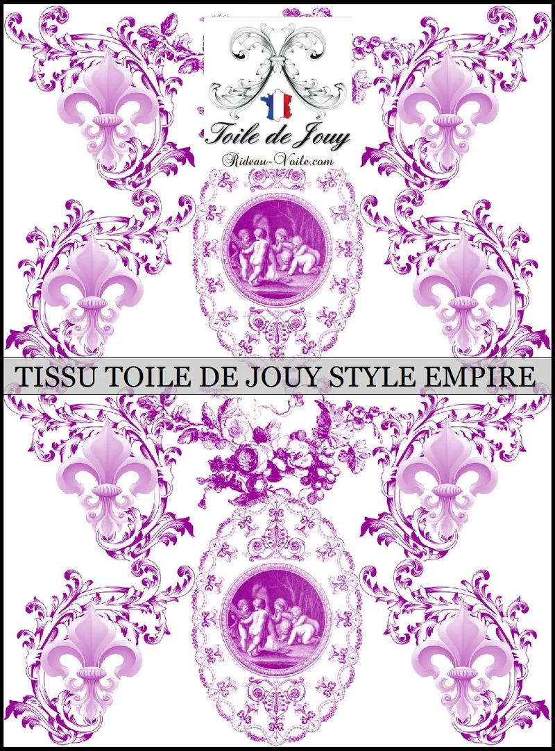 Tissu ameublement tapisserie Empire Anges Angelots Toile de Jouy Fleurs de Lys lilas