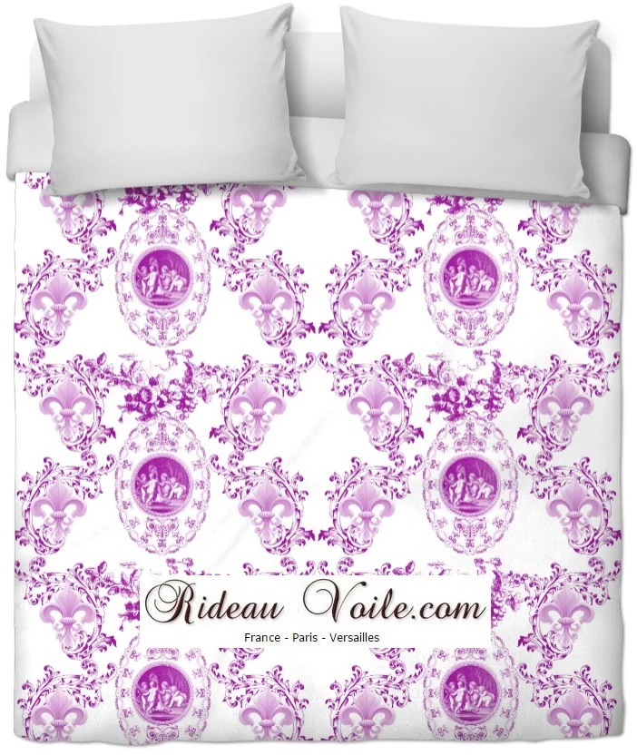 Tissu ameublement tapisserie Empire Anges Angelots Toile de Jouy Fleurs de Lys lilas