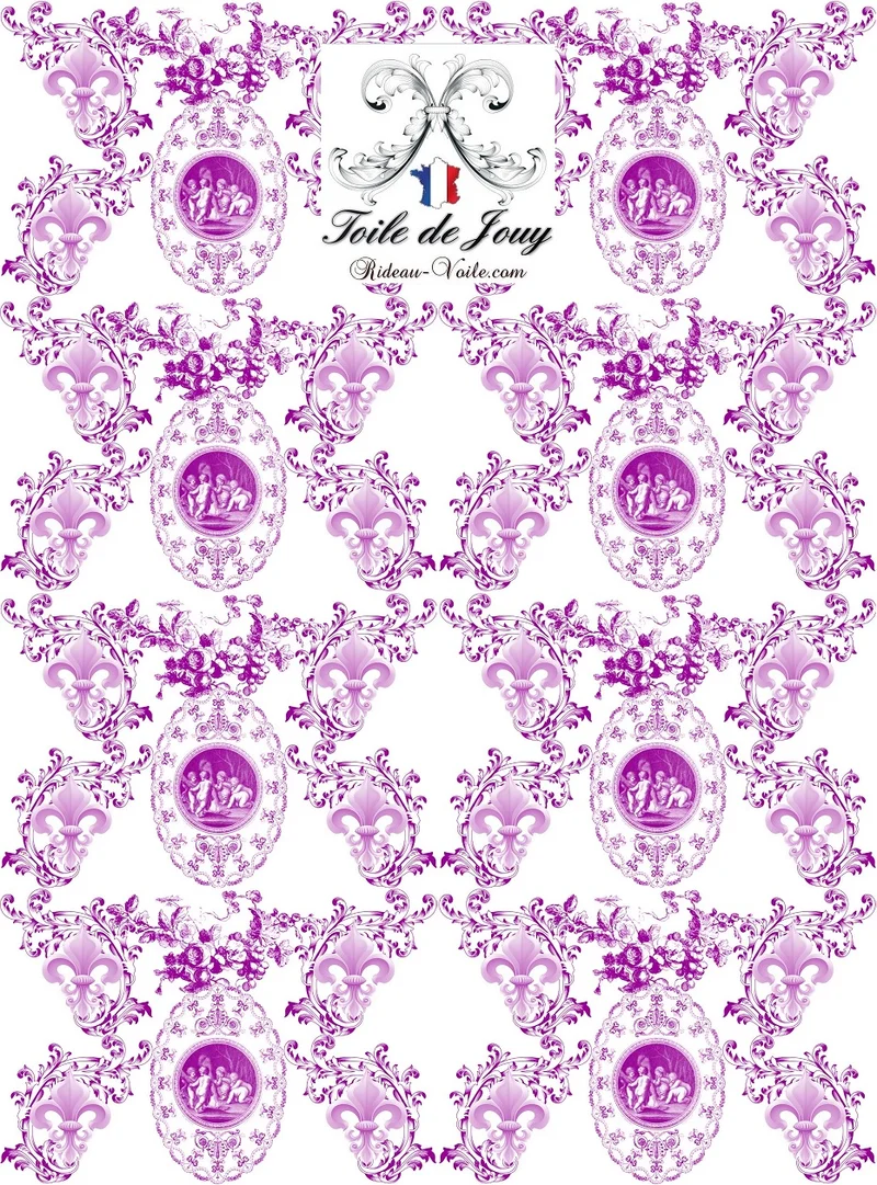 Tissu ameublement tapisserie Empire Anges Angelots Toile de Jouy Fleurs de Lys lilas