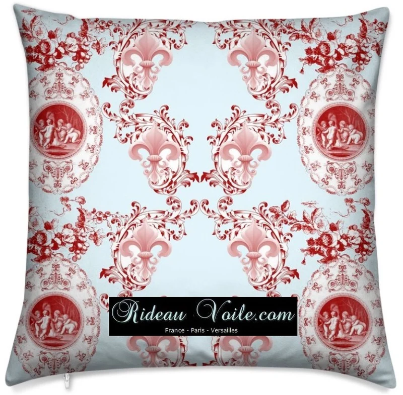 Boutique Toile de Jouy tissu bleu ameublement Empire Angelots Fleur de Lys rouge