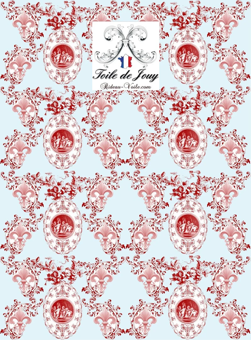 Boutique Toile de Jouy tissu bleu ameublement Empire Angelots Fleur de Lys rouge