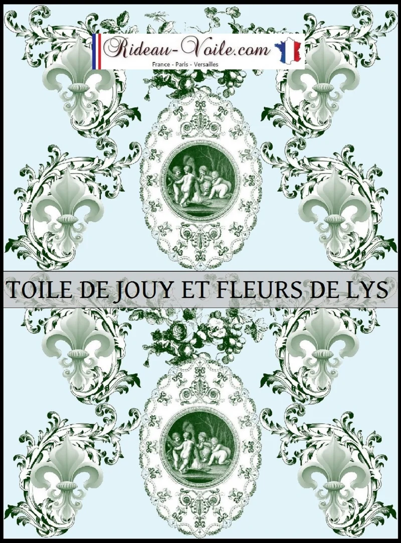 Toile de Jouy Baroque tissu bleu ameublement Empire Anges Fleur de Lys vert ridau