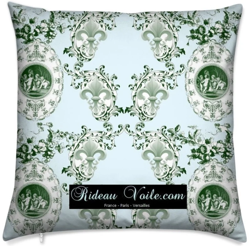 Toile de Jouy Baroque tissu bleu ameublement Empire Anges Fleur de Lys vert ridau