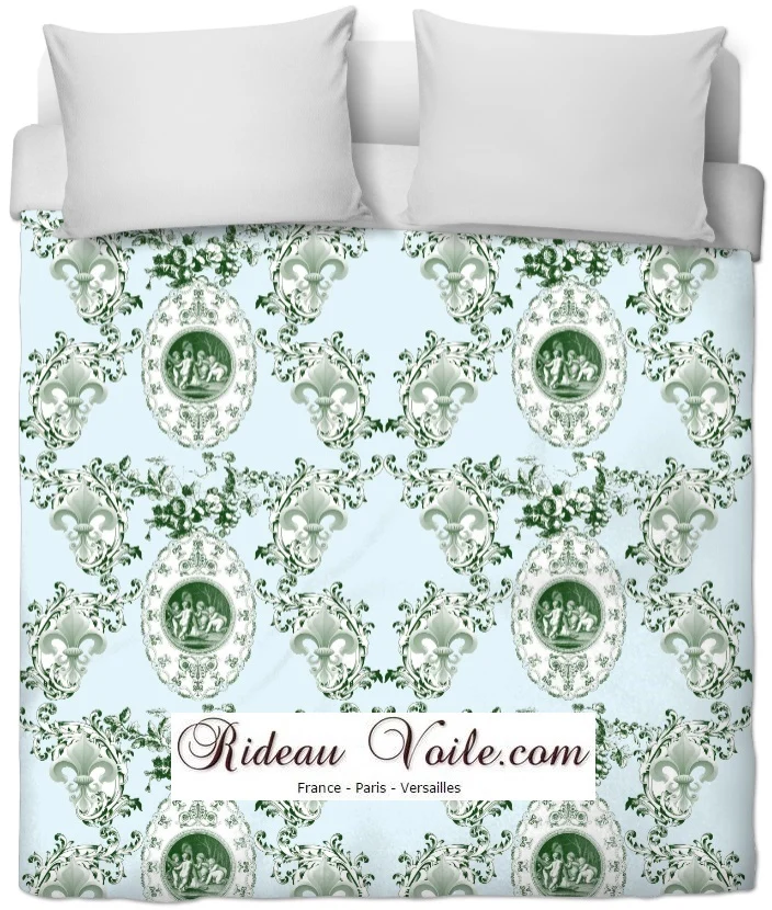 Toile de Jouy Baroque tissu bleu ameublement Empire Anges Fleur de Lys vert ridau