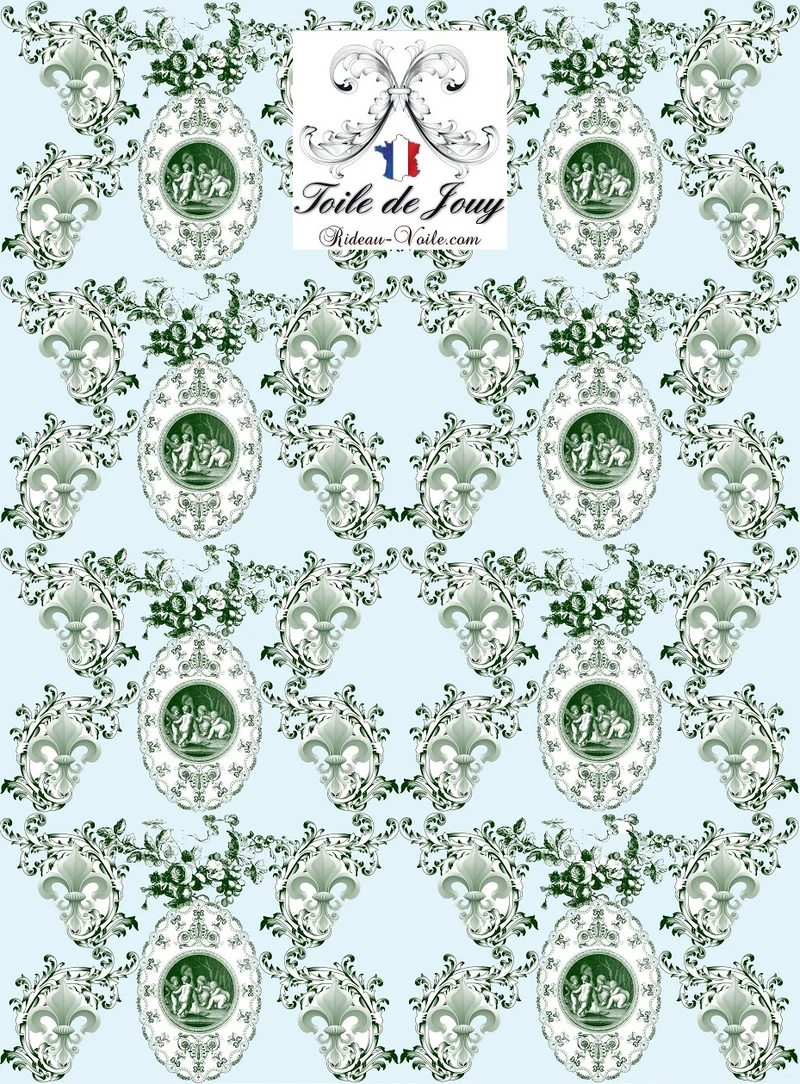 Toile de Jouy Baroque tissu bleu ameublement Empire Anges Fleur de Lys vert ridau