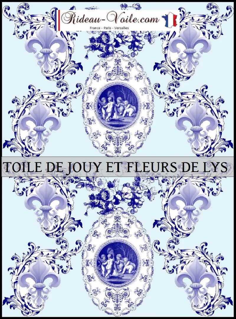 Boutique Toile de Jouy bleu ameublement mètre tissu Empire Angelots Fleur de Lys