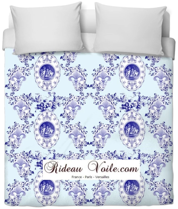 Boutique Toile de Jouy bleu ameublement mètre tissu Empire Angelots Fleur de Lys