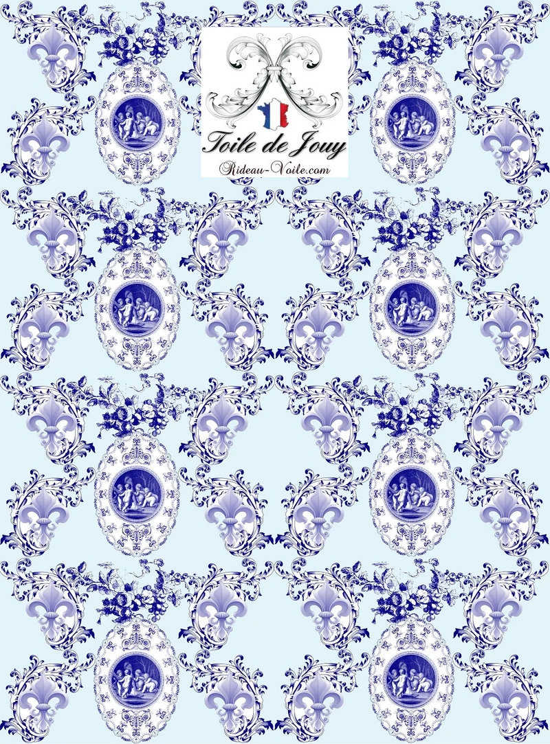 Boutique Toile de Jouy bleu ameublement mètre tissu Empire Angelots Fleur de Lys