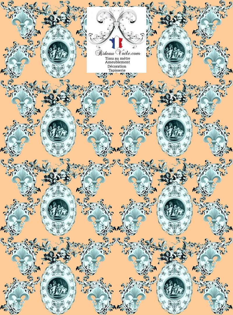 Toile de Jouy tissu ameublement orange style Empire Anges Fleur de Lys tessuto anjos