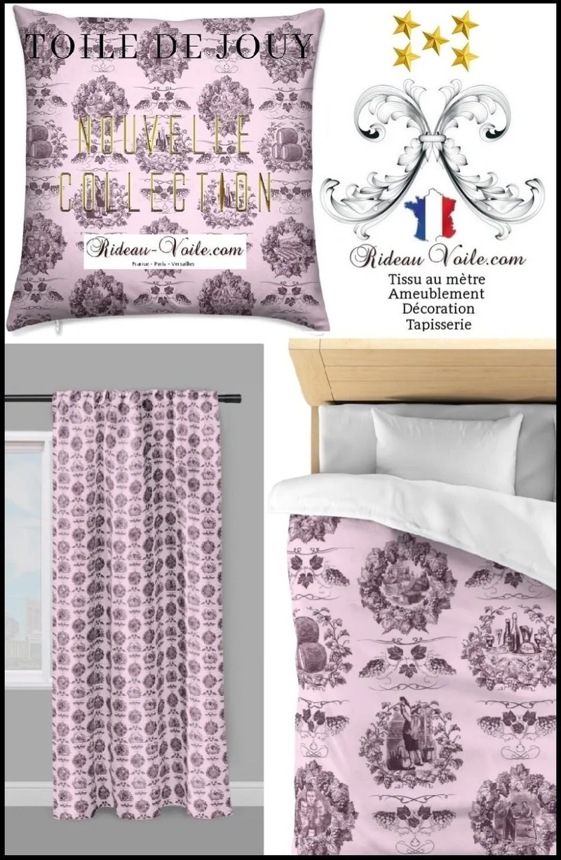 Boutique Toile de Jouy rose tissu ameublement mètre motif vin et vigne