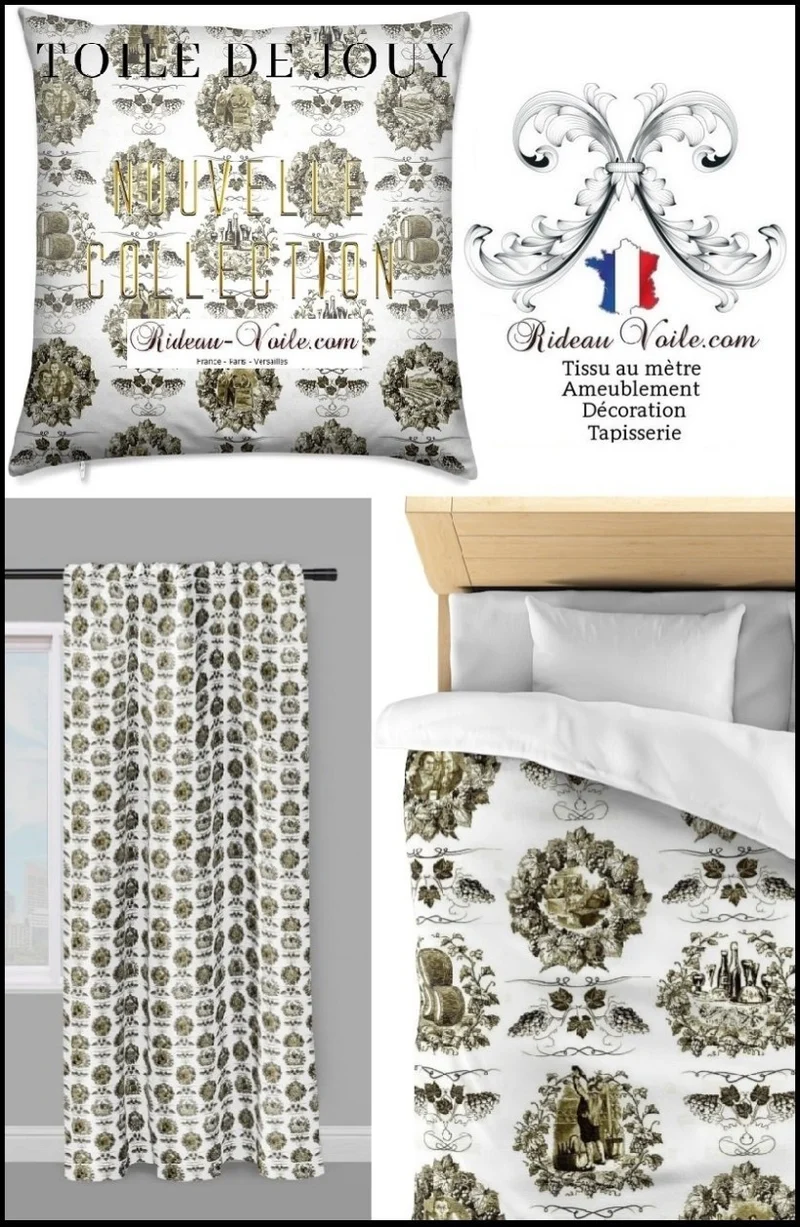 Toile de Jouy vert tissu authentique ameublement mètre rideau coussin couette
