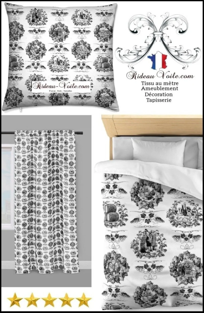 Toile de Jouy noir tissu au mètre rideau coussin couette