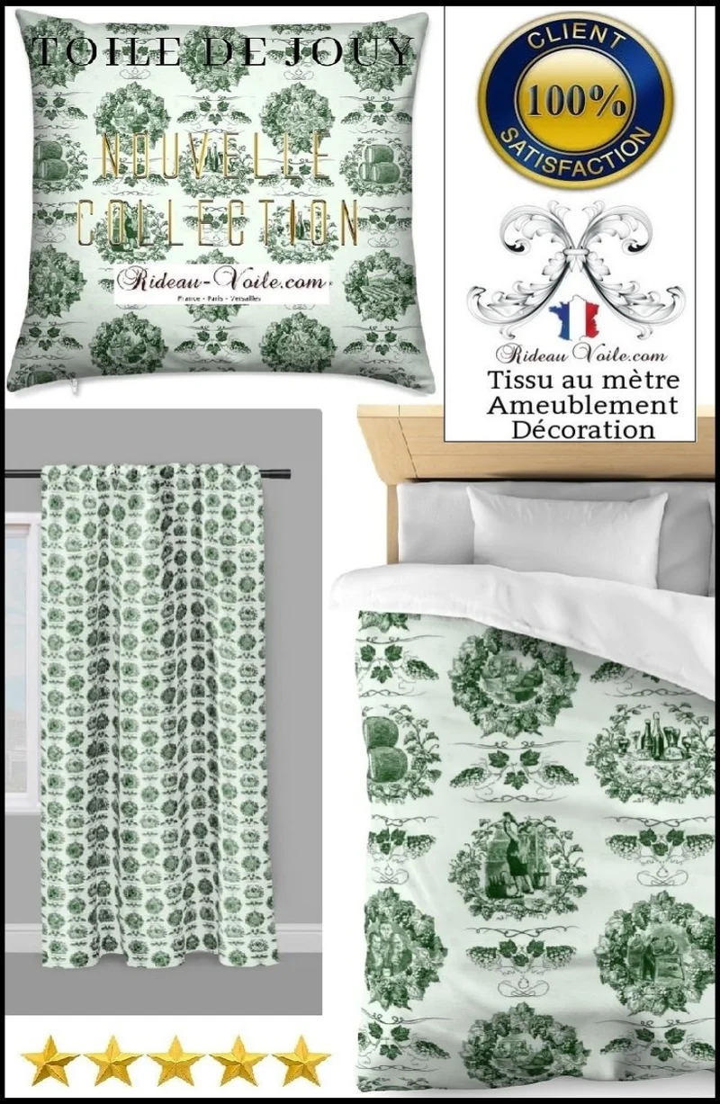 Tissu ameublement motif Musée Toile de jouy vert tapisserie mètre rideau voilage