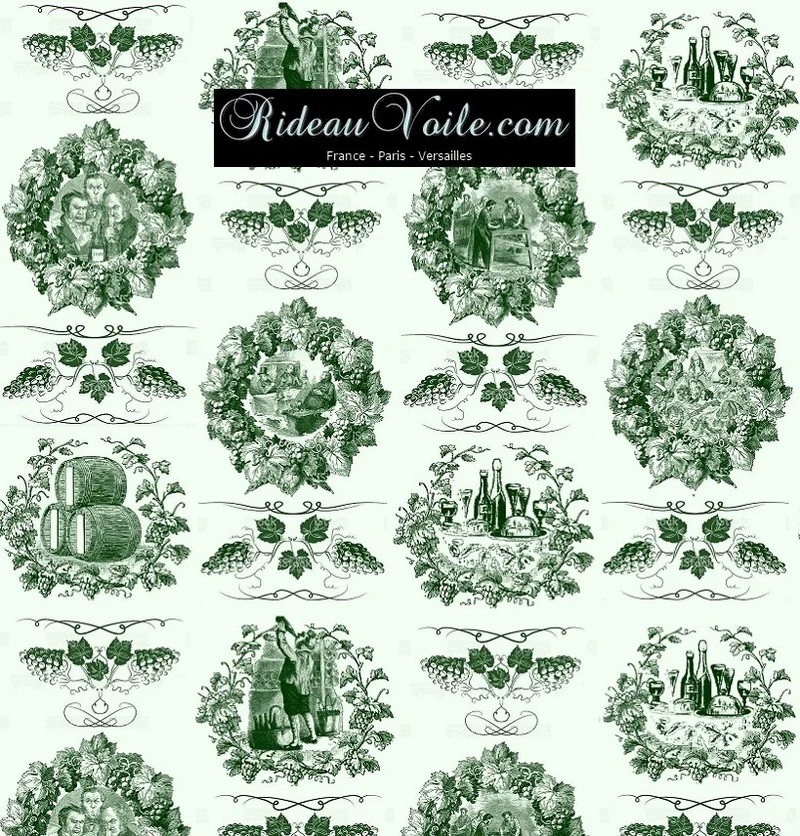 Tissu ameublement motif Musée Toile de jouy vert tapisserie mètre rideau voilage