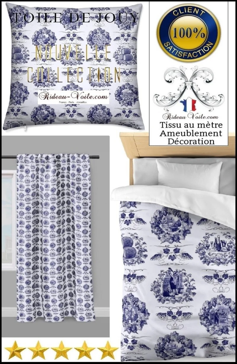 Tissu ameublement motif inspiration Toile de jouy bleu tapisserie mètre rideau voilage
