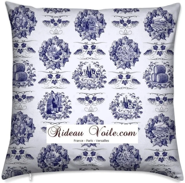 Tissu ameublement motif inspiration Toile de jouy bleu tapisserie mètre rideau voilage
