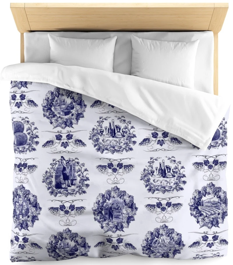 Tissu ameublement motif inspiration Toile de jouy bleu tapisserie mètre rideau voilage