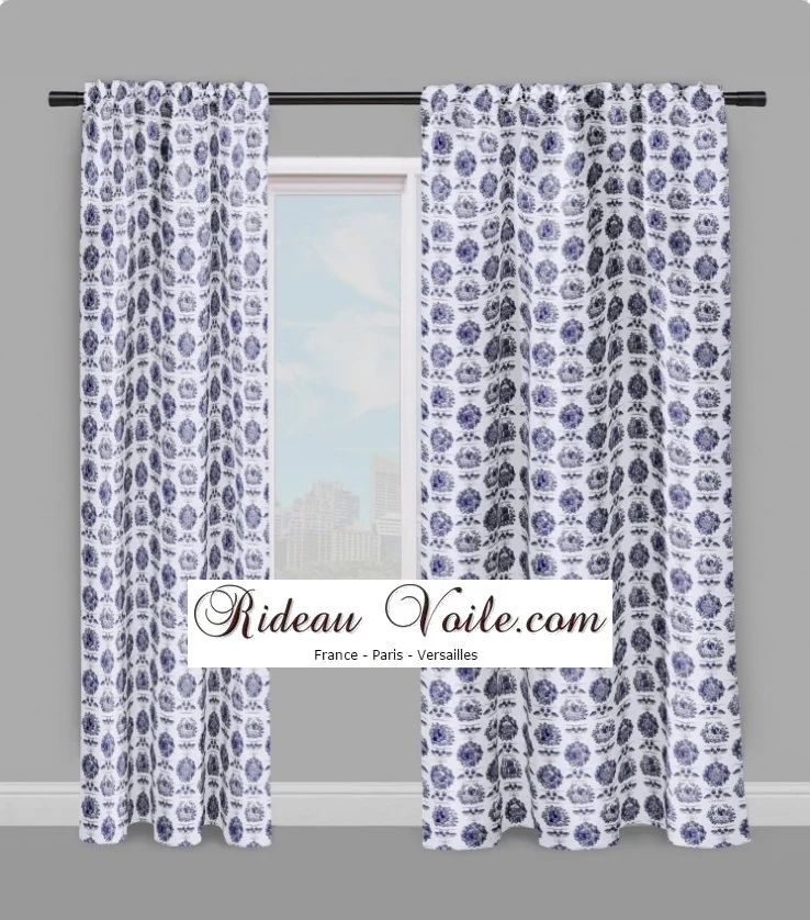 Tissu ameublement motif inspiration Toile de jouy bleu tapisserie mètre rideau voilage