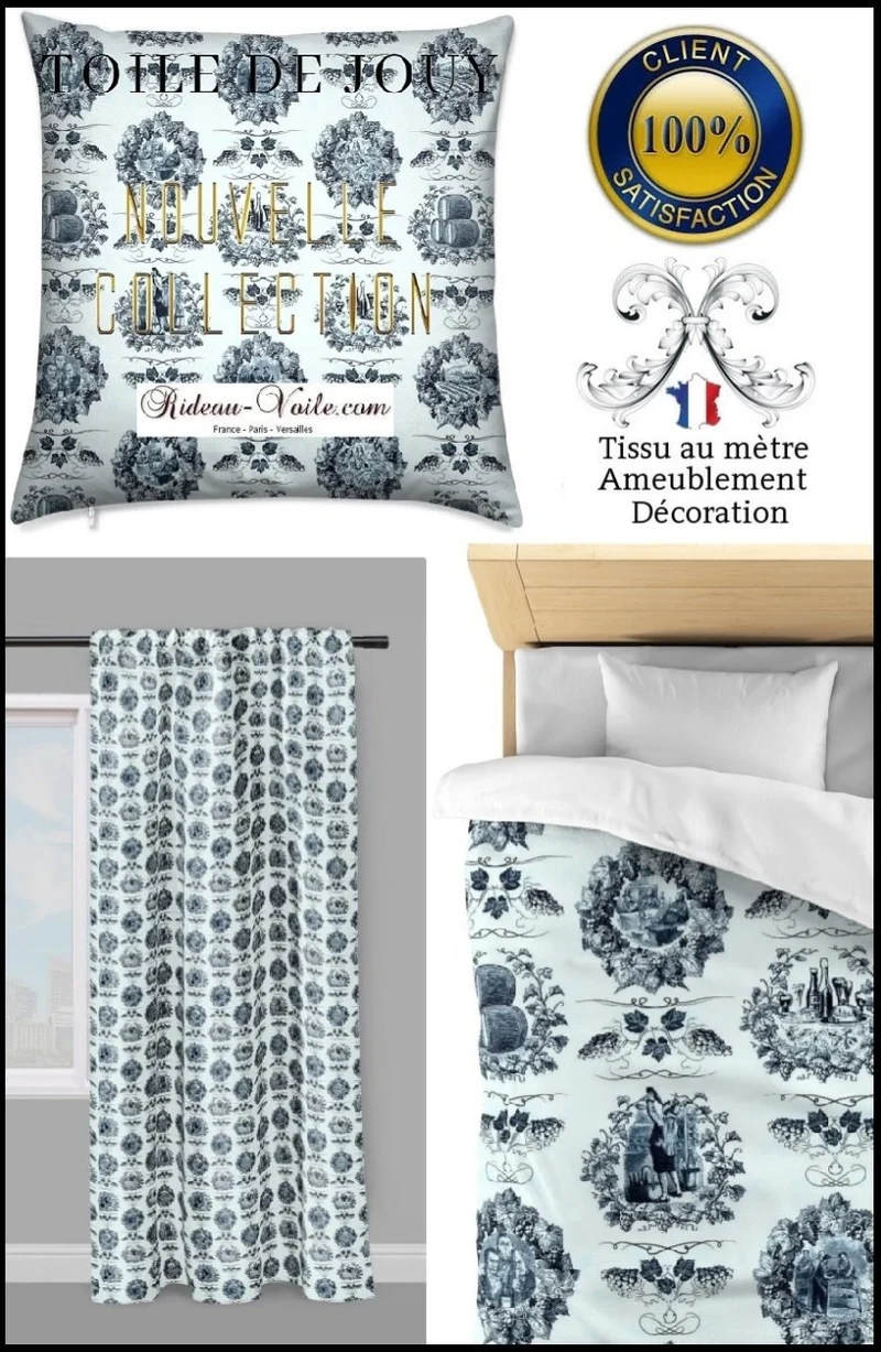 Tissu Baroque motif Toile de jouy bleu décoration tapisserie mètre rideau voilage