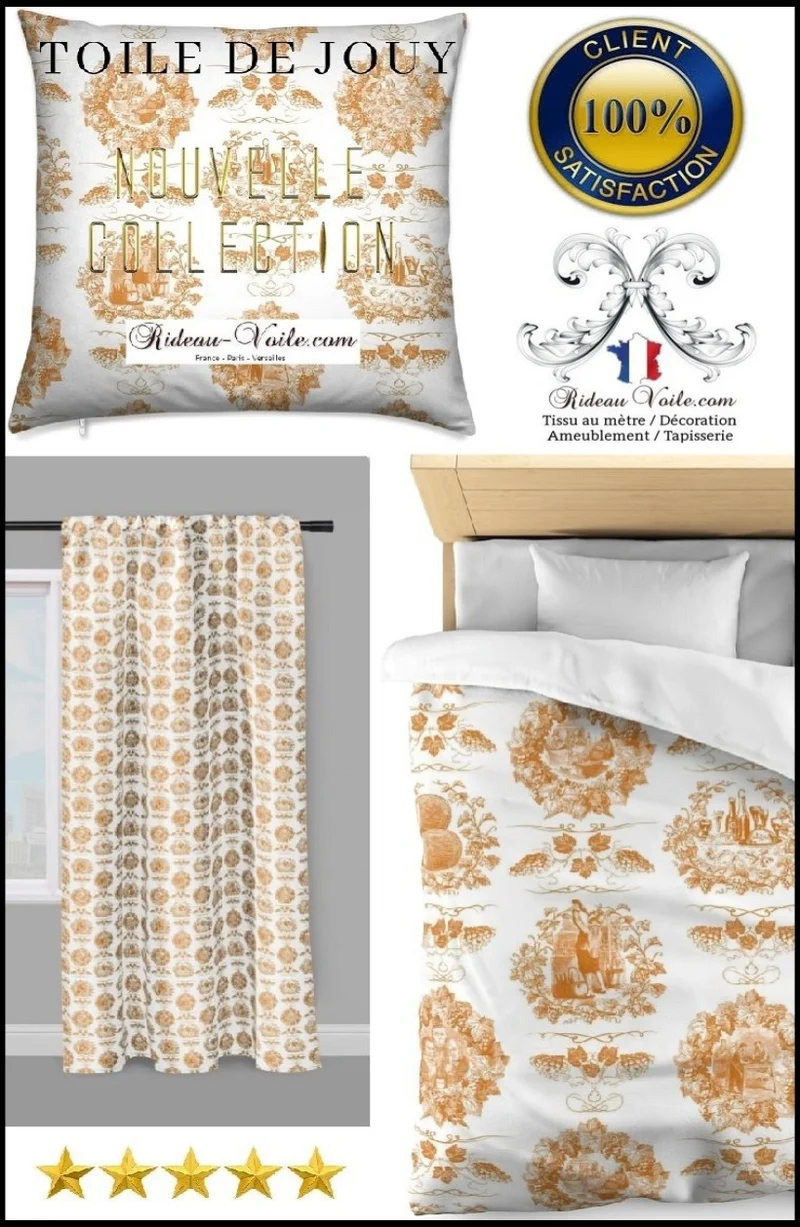 French Fabric Empire upholstery Toile de Jouy orange tissu au mètre rideau couette