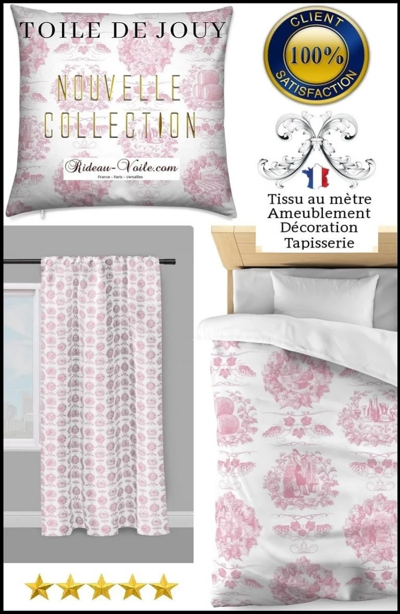 Toile de Jouy rose tissu au mètre Textile Empire upholstery country french fabric