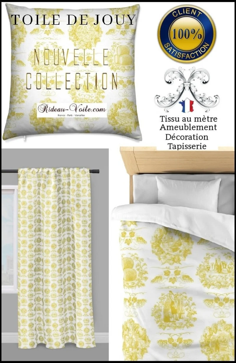 Toile de Jouy jaune tissu au mètre rideau Tapestry klädsel Restaurering gardintyg
