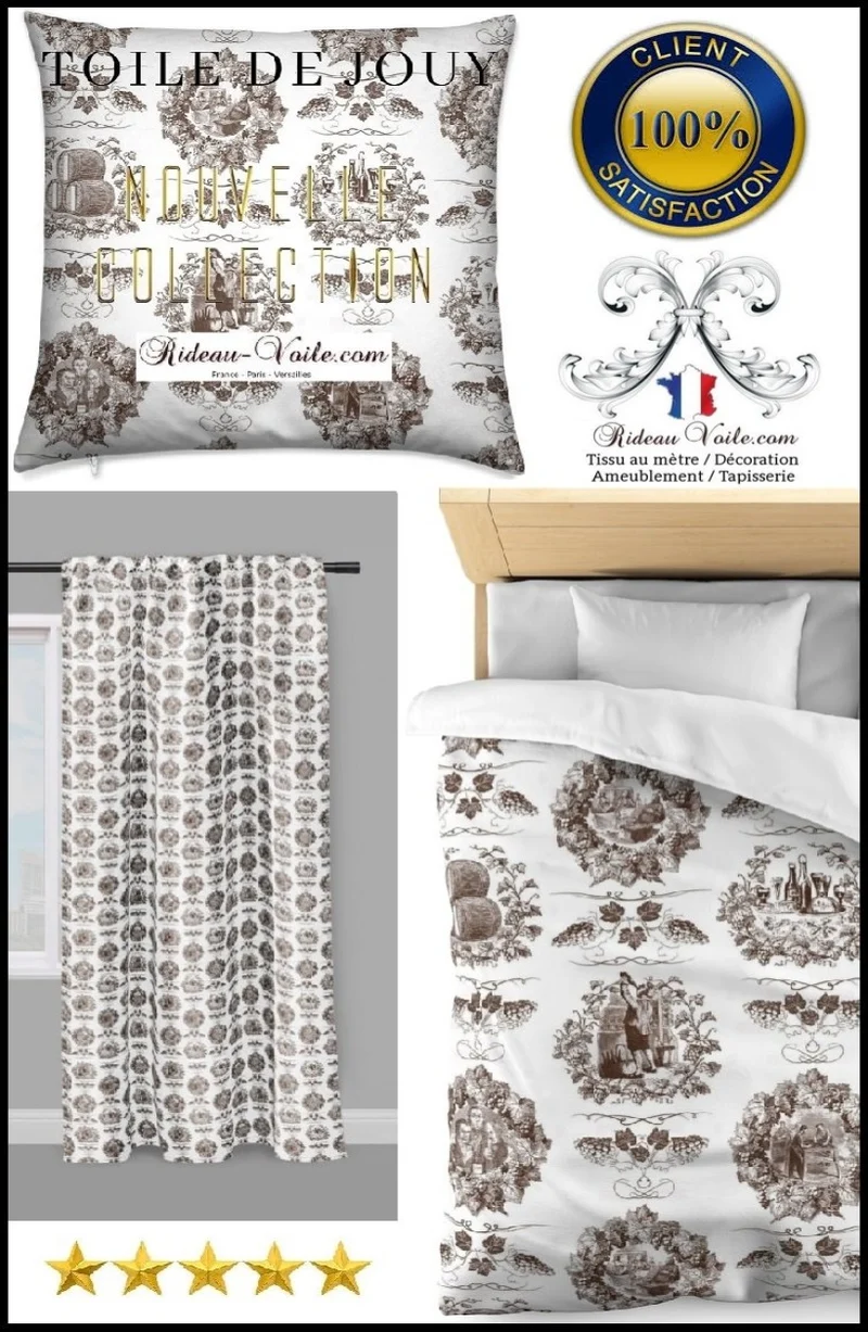 Toile de Jouy marron tissu au mètre rideau coussin couette
