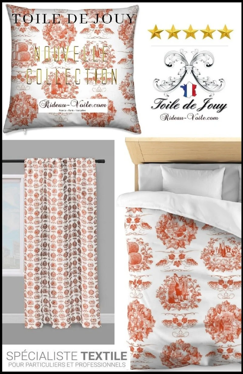 Country french fabric Toile de Jouy orange tissu au mètre déco rideau coussin couette
