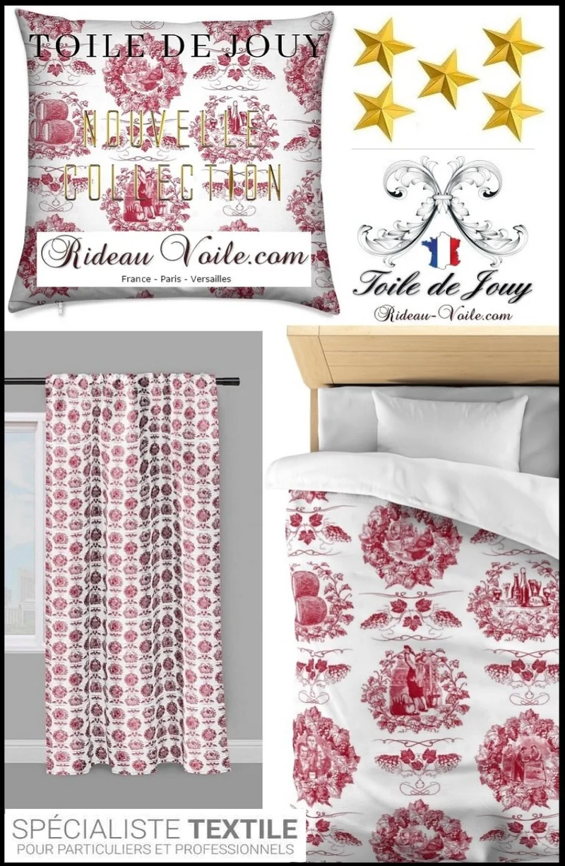 Toile de Jouy rouge tissu au mètre décoration rideau coussin couette
