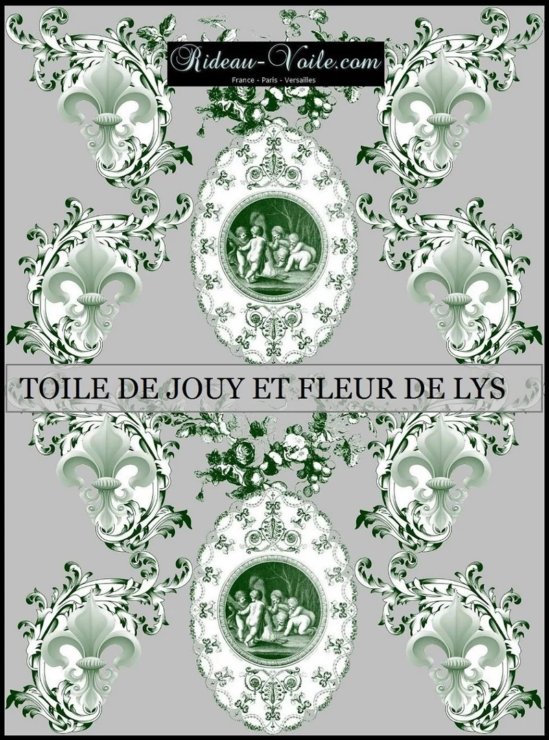 Toile de Jouy tissu au mètre Renaissance Empire Angelots Fleur de Lys vert Chérubins