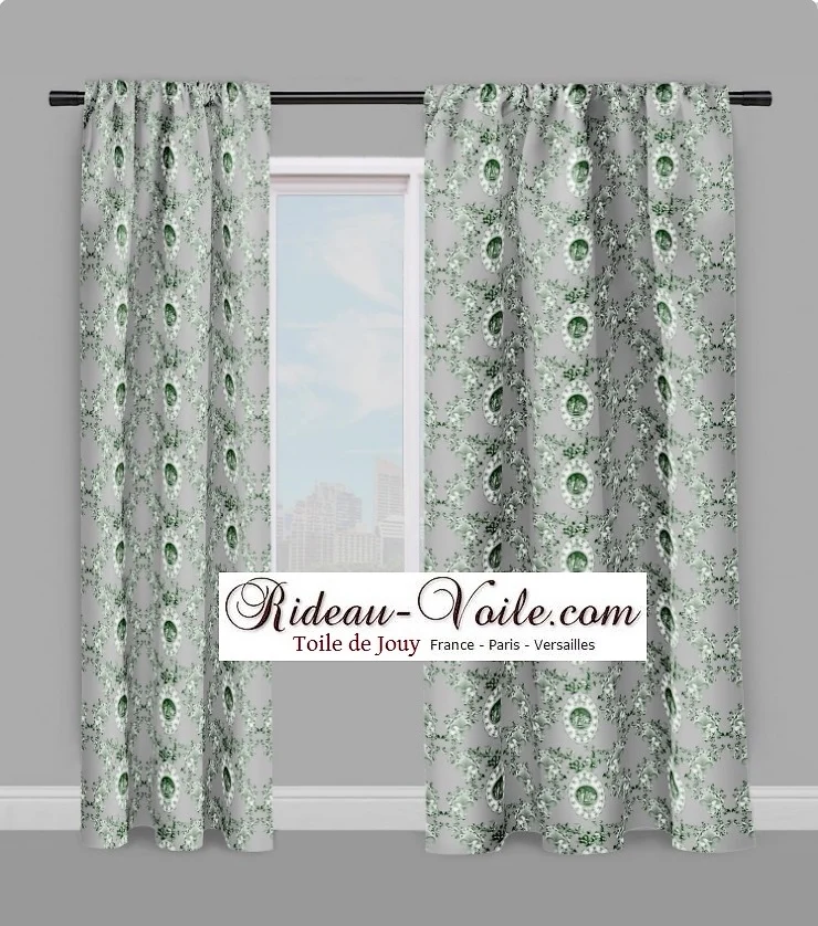 Toile de Jouy tissu au mètre Renaissance Empire Angelots Fleur de Lys vert Chérubins