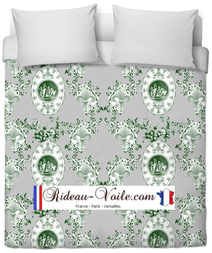 Toile de Jouy tissu au mètre Renaissance Empire Angelots Fleur de Lys vert Chérubins