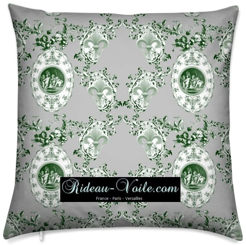 Toile de Jouy tissu au mètre Renaissance Empire Angelots Fleur de Lys vert Chérubins
