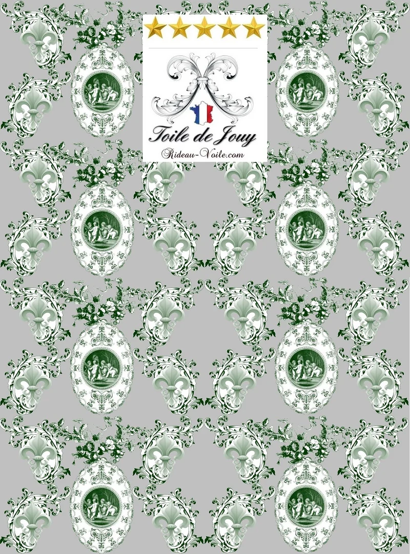 Toile de Jouy tissu au mètre Renaissance Empire Angelots Fleur de Lys vert Chérubins