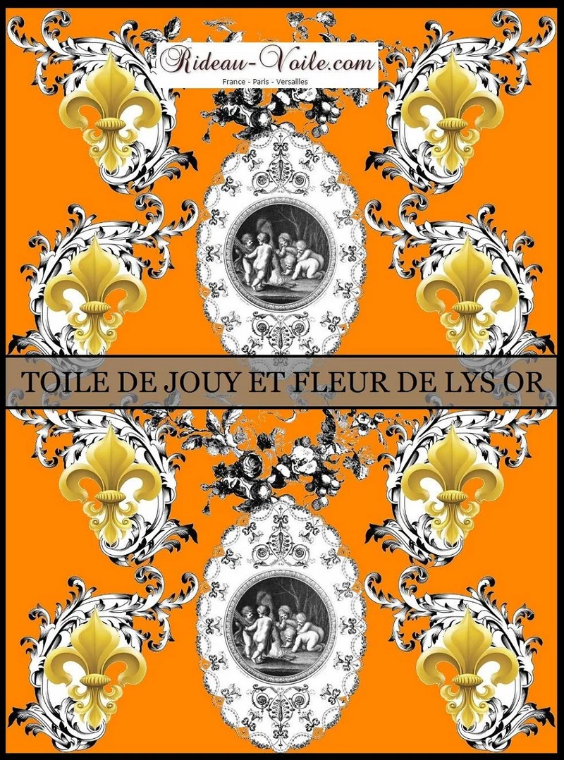 Toile de Jouy orange tissu mètre Fleur de Lys enkeli verho kangas Renaissance