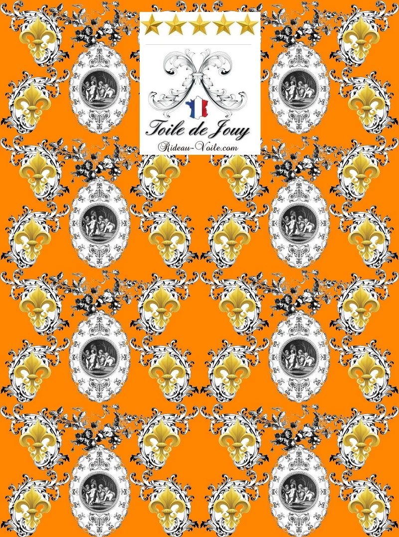 Toile de Jouy orange tissu mètre Fleur de Lys enkeli verho kangas Renaissance