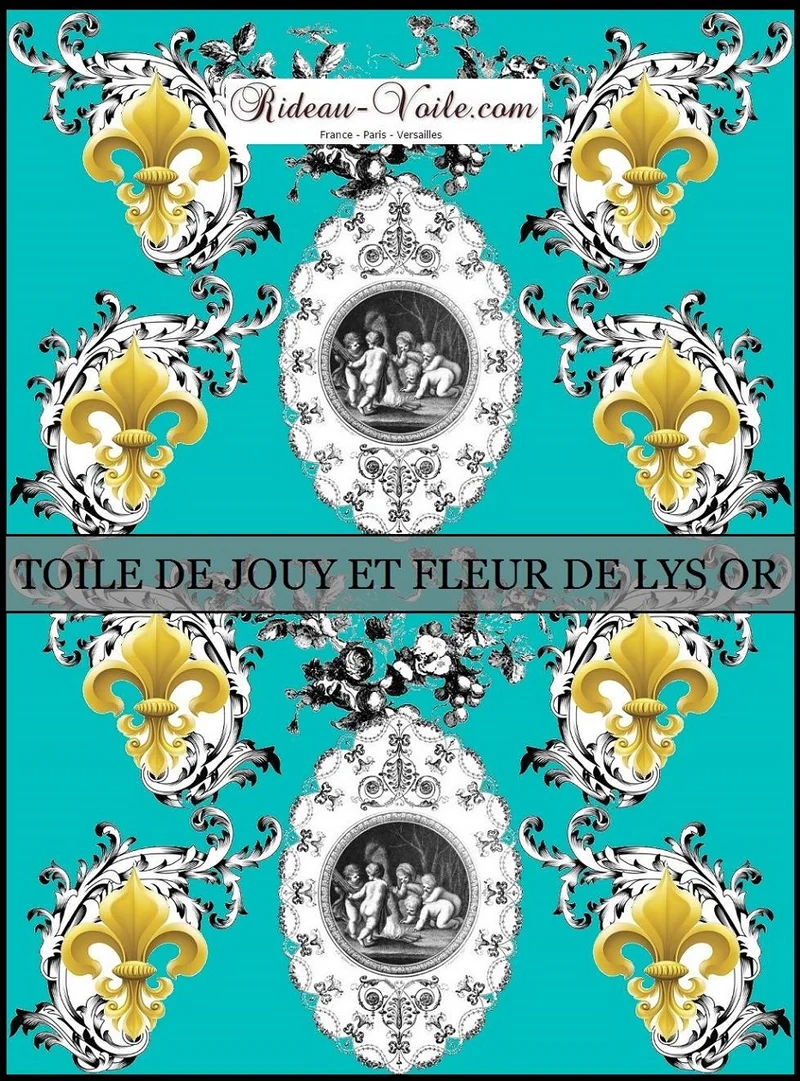 Toile de Jouy vert bleu tissu au mètre style Empire Anges Fleur de Lys fabric cherub