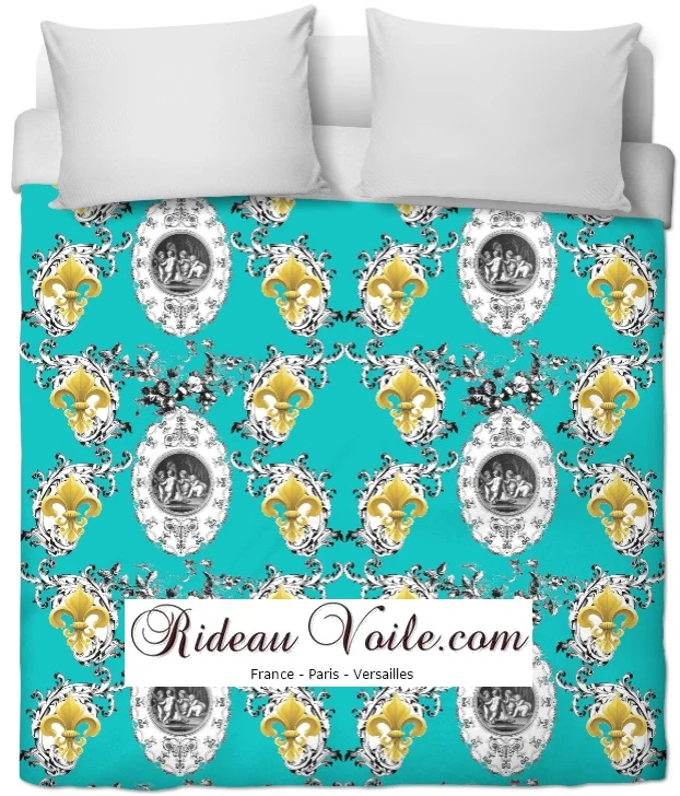Toile de Jouy vert bleu tissu au mètre style Empire Anges Fleur de Lys fabric cherub