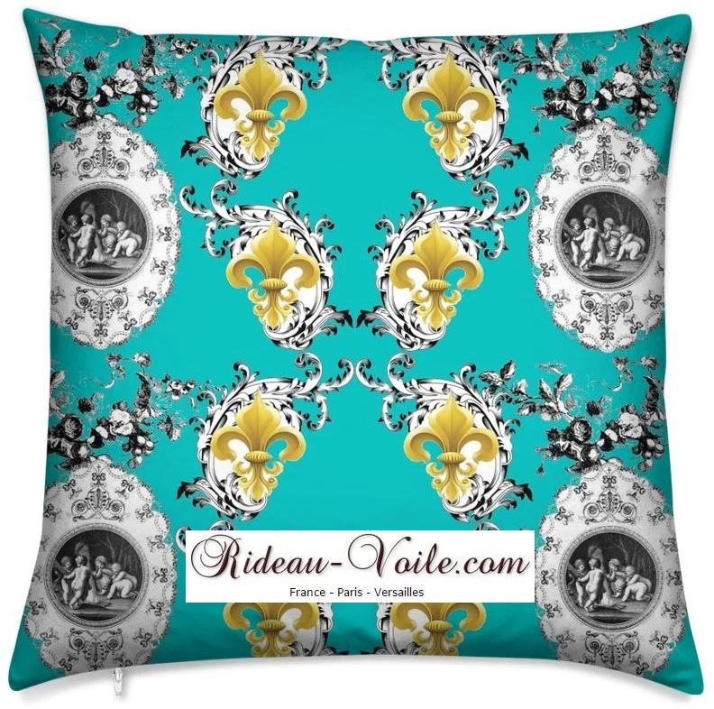 Toile de Jouy vert bleu tissu au mètre style Empire Anges Fleur de Lys fabric cherub