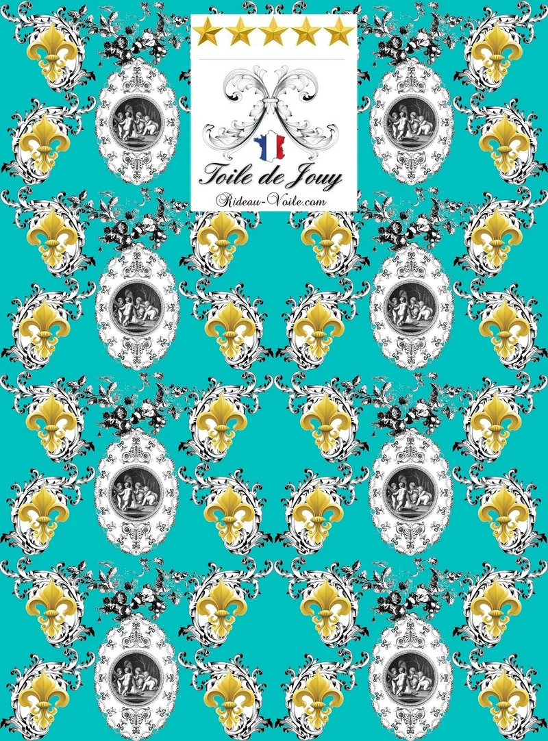 Toile de Jouy vert bleu tissu au mètre style Empire Anges Fleur de Lys fabric cherub