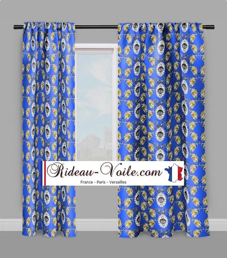 Toile de Jouy bleu tissu mètre Baroque Ange Fleur de Lys country french fabric curtain